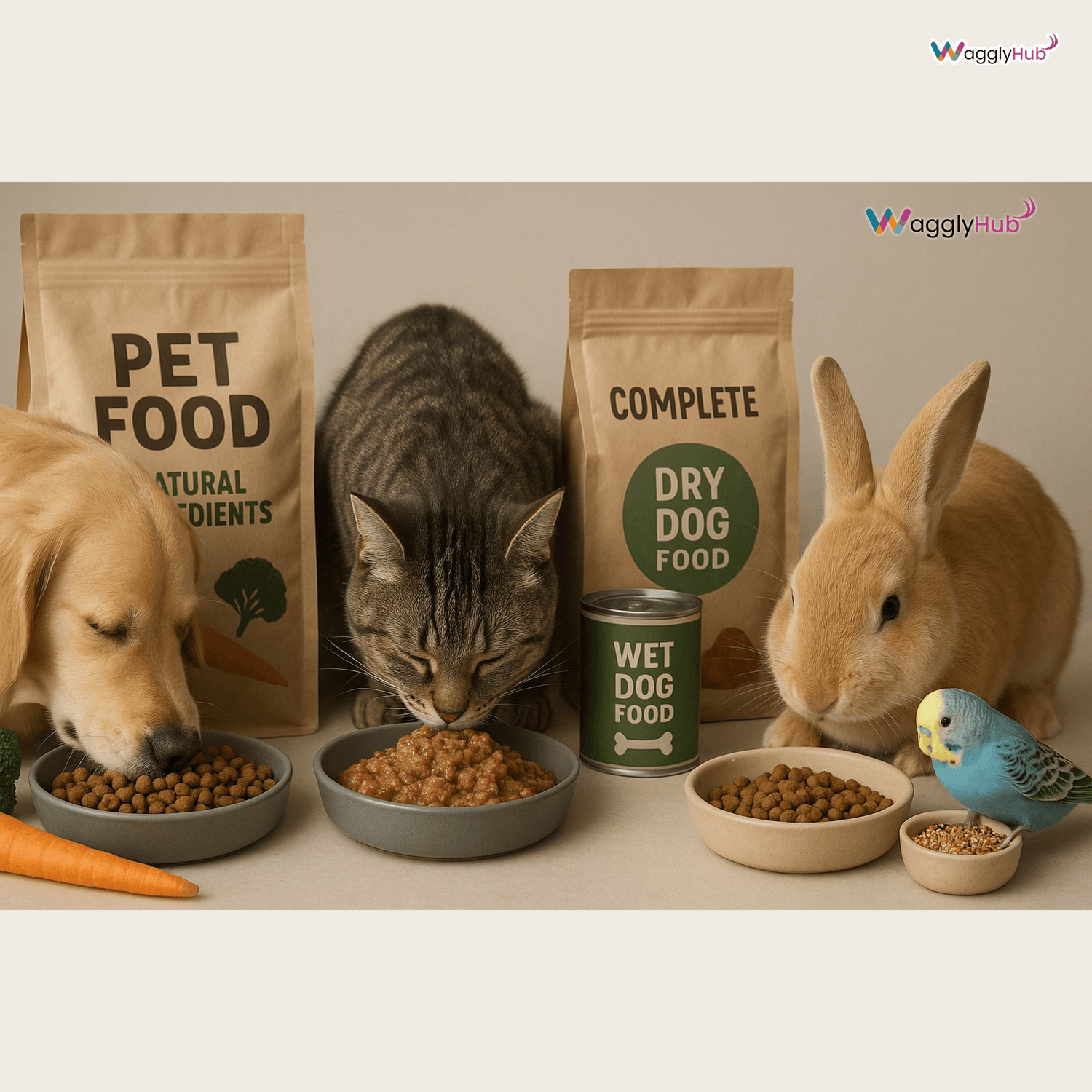 Pet food for dogs, cats, birds and small animals