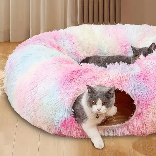 Nid tunnel de chat en peluche confortable avec jouet de balle suspendu - Perfect Kitten Hideaway-1