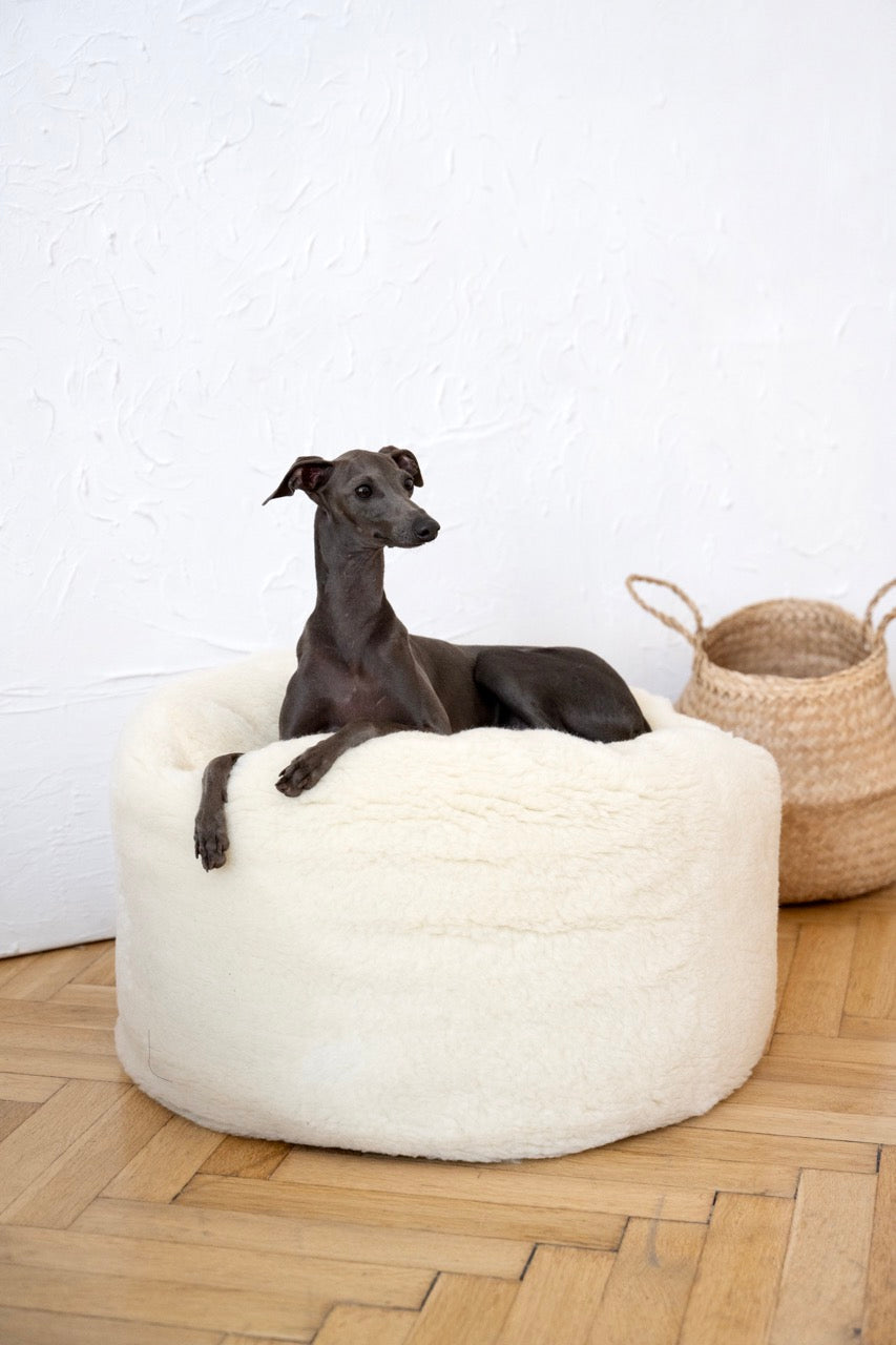 Lit ovale en laine naturelle pour animaux de compagnie - Blanc