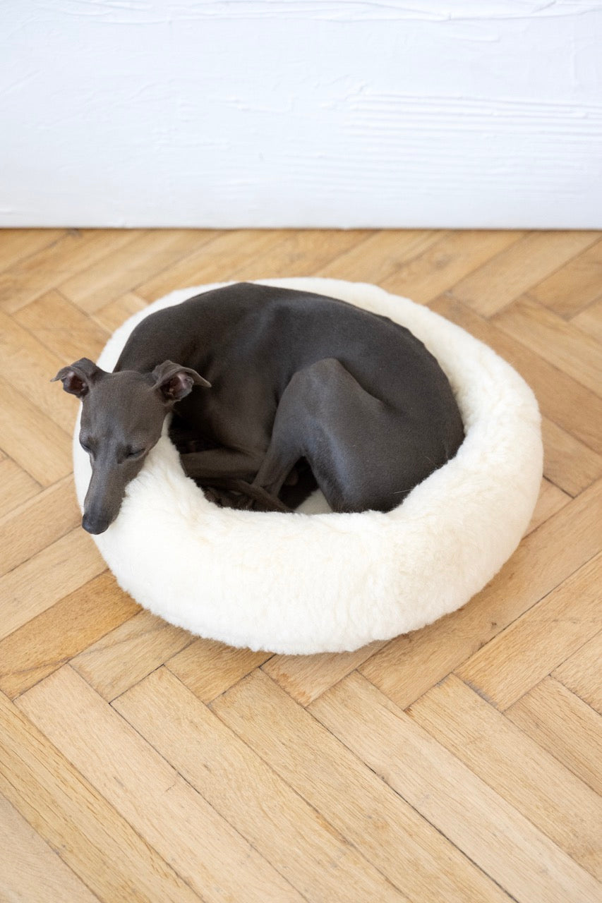 Lit rond en laine naturelle pour animaux de compagnie - Blanc