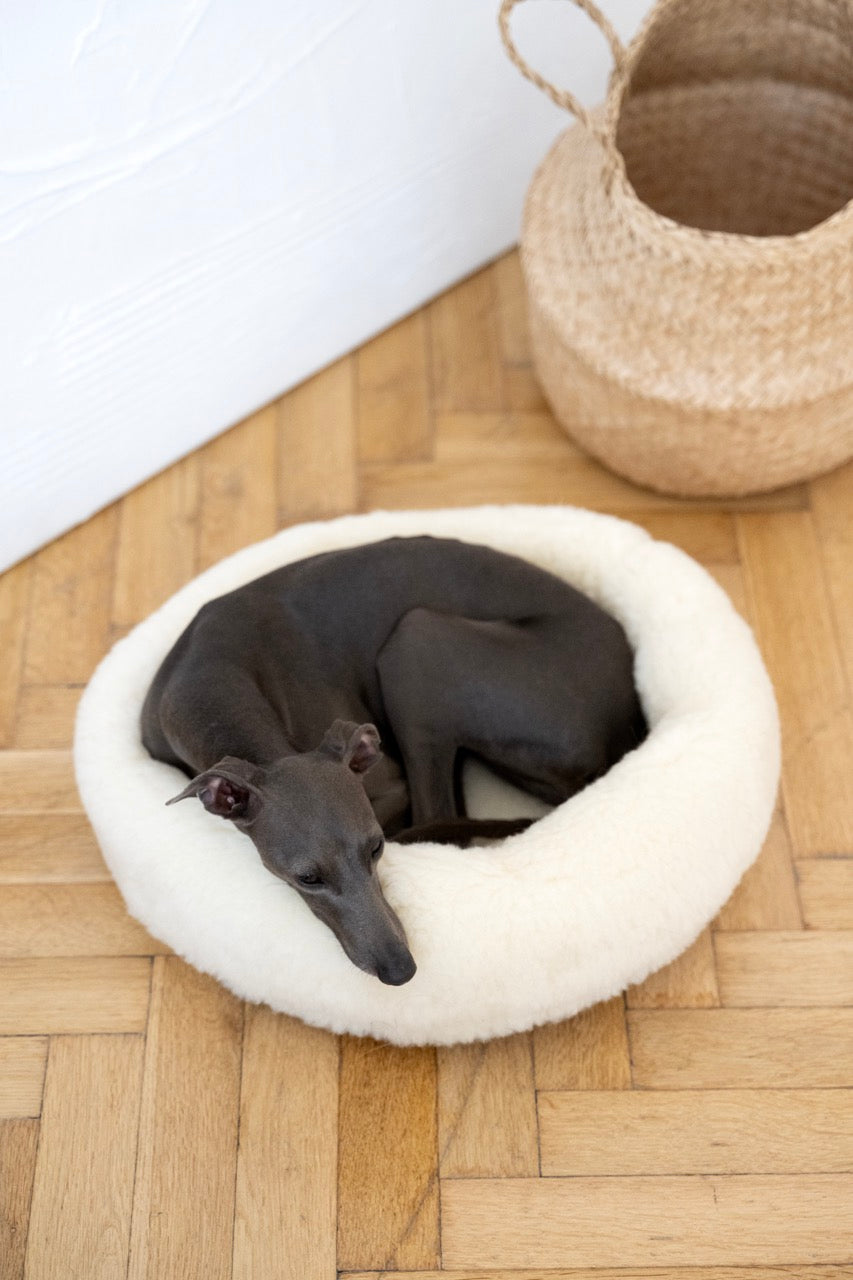 Lit rond en laine naturelle pour animaux de compagnie - Blanc