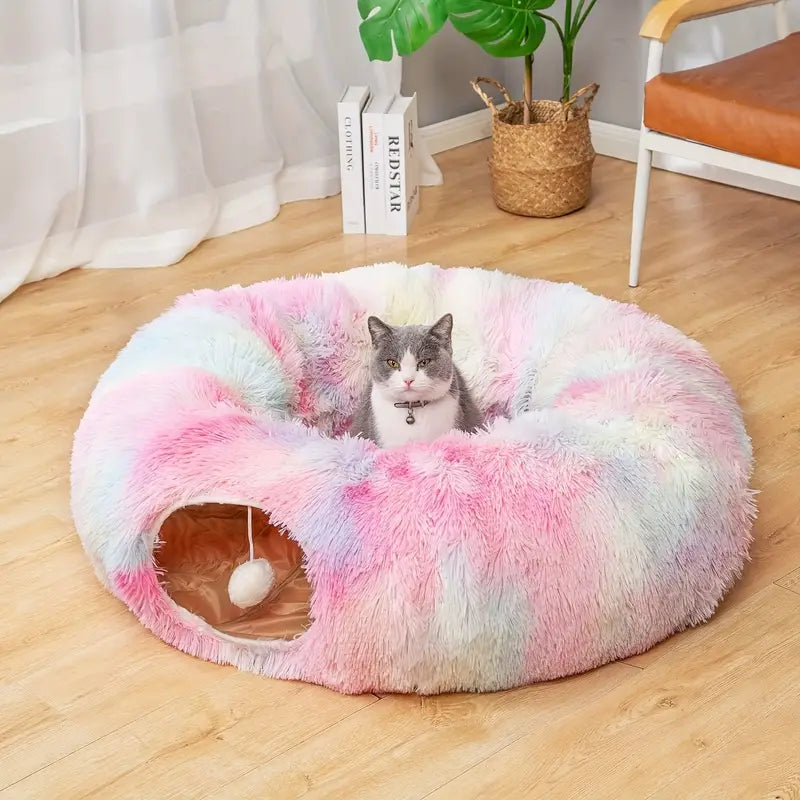 Nid tunnel de chat en peluche confortable avec jouet de balle suspendu - Perfect Kitten Hideaway-4