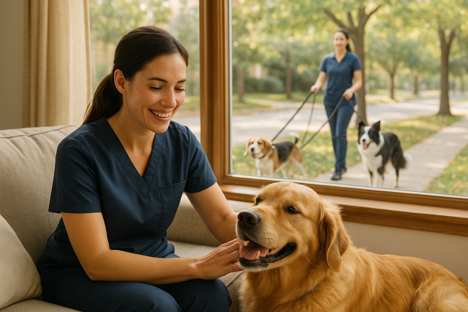 generate a phot like picture that illustrates this "From loving sitters to active walks, keep your pet safe and happy. Daily care you can trust."